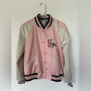 Coach Women's Reversible Floral Pink and White Varsity Bomber Coat
